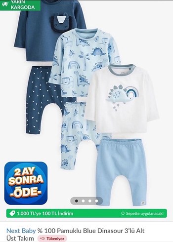 Next Baby %100 Pamuklu Mavi Dinozor 3'lü Bebek Takımı