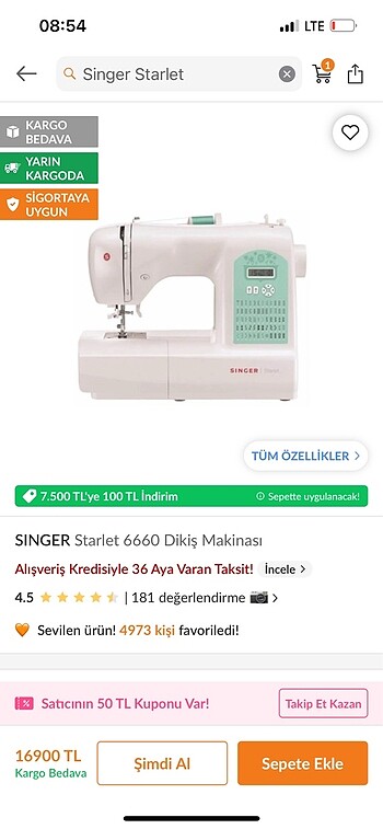 Singer starlet dikiş makinesi garantisi devam ediyor