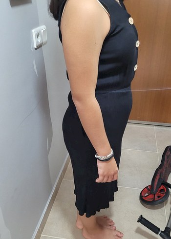 l Beden siyah Renk Düğmeli V Yaka siyah Keten Elbise