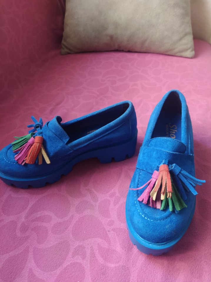 Renkli Püsküllü Mavi Süet Kız Loafer - Görsel 2