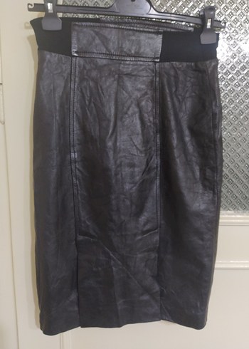 Kadın Siyah Deri Midi Etek - Görsel 2