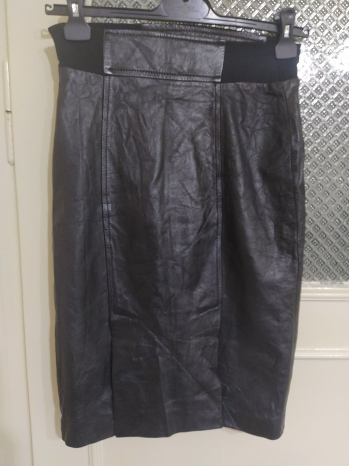 Kadın Siyah Deri Midi Etek - Görsel 2