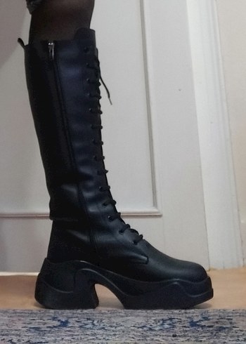 Siyah Goth Stiletto Topuklu Diz Boyu Botlar - Görsel 4