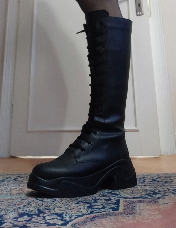 Siyah Goth Stiletto Topuklu Diz Boyu Botlar - Görsel 5