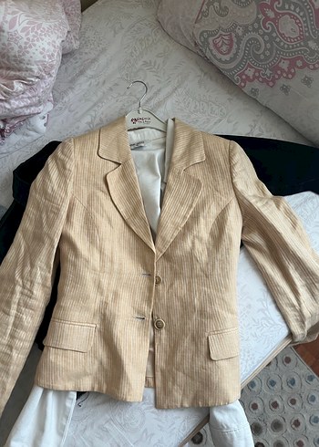 Düğmeli Bej Keten Kadın Blazer Ceket - Görsel 2