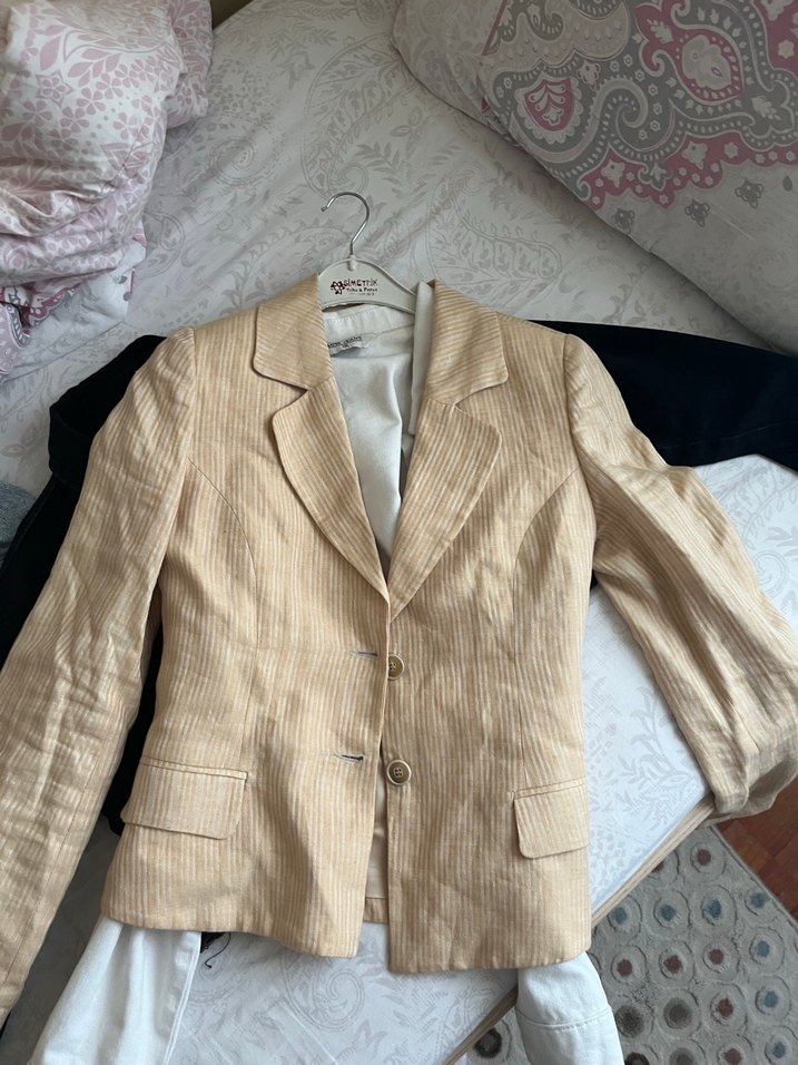 Düğmeli Bej Keten Kadın Blazer Ceket - Görsel 2