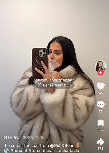 Pull And Bear Gri Yüksek Yakalı Kadın Suni Kürk Ceket - Görsel 2