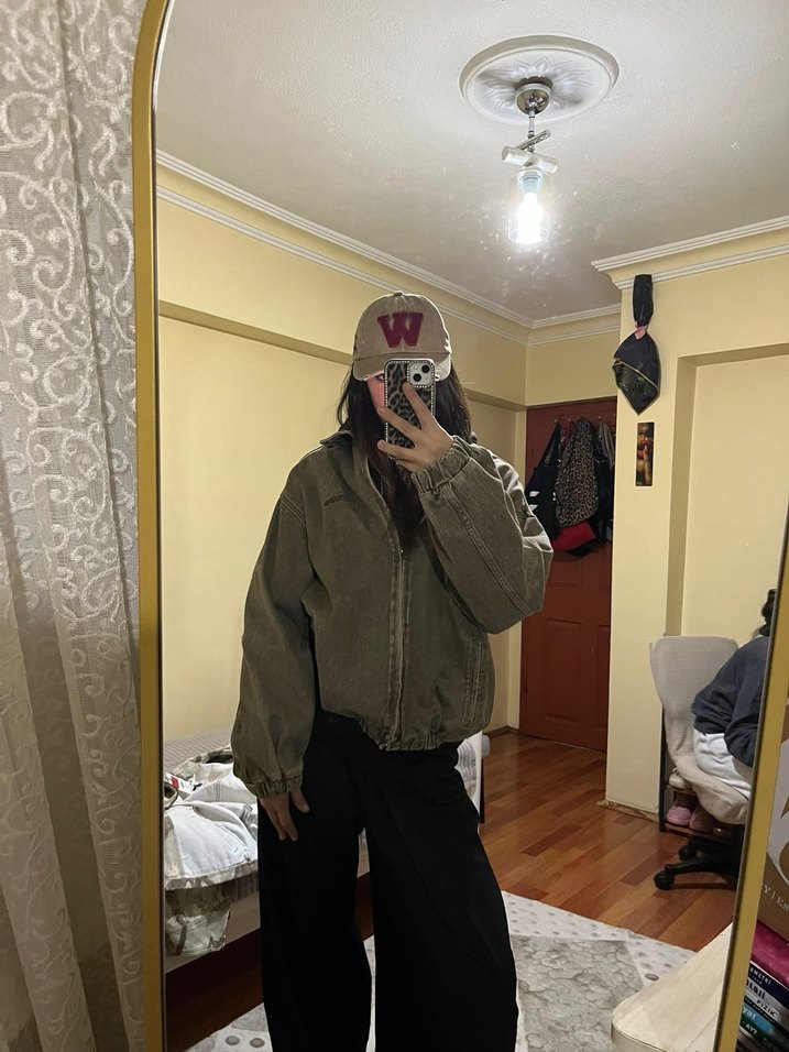 Kadın Haki Keten Midi Ceket Yüksek Yaka - Görsel 2