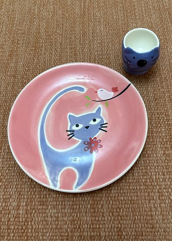 Pembe kedili Çocuk Tabak ve Yumurtalık Seti