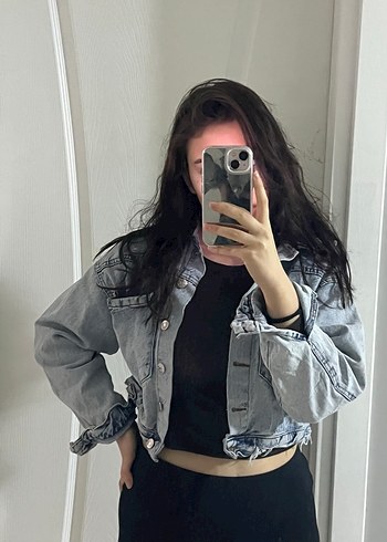 Gri Düğmeli Kadın Denim Ceket - Görsel 3