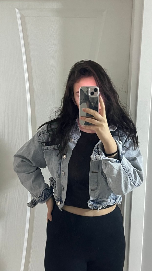 Gri Düğmeli Kadın Denim Ceket - Görsel 3