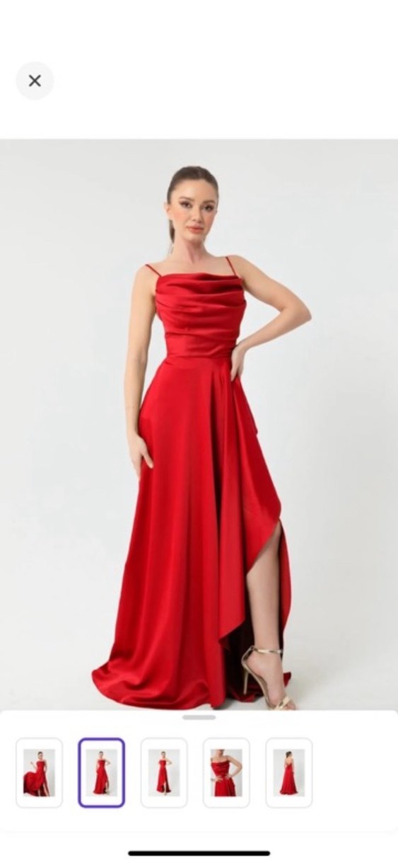 Kırmızı Drapeli Uzun Abiye Elbise - Görsel 2