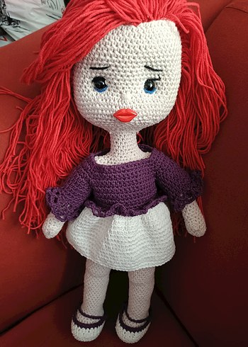 El Yapımı Örgü Mor Elbiseli Bebek - Görsel 5