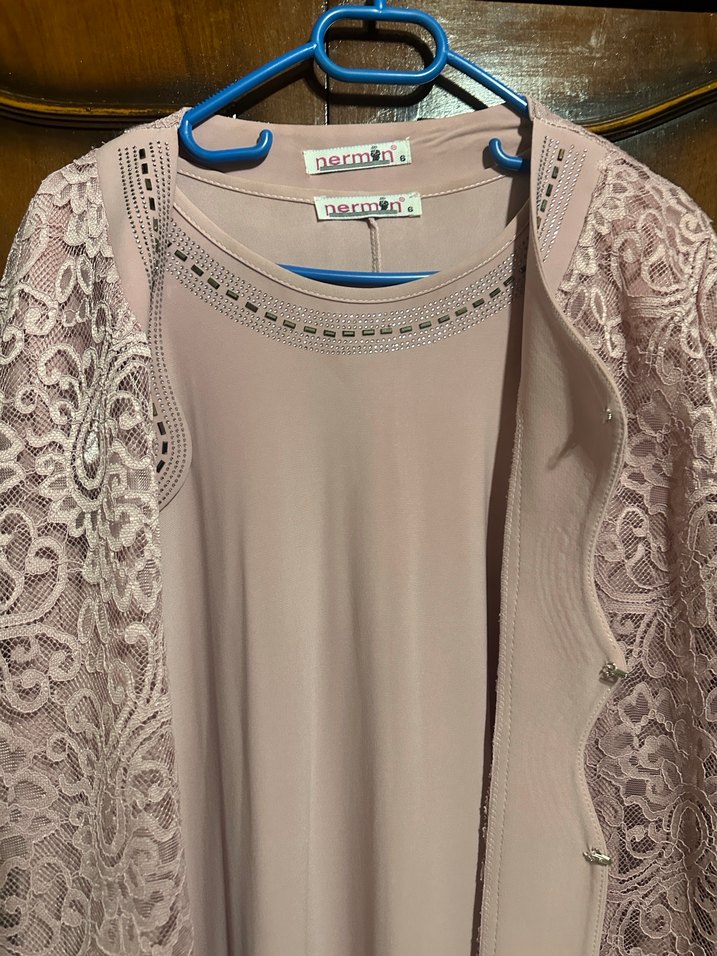 Toz pembe Nakışlı Uzun Kollu Dantel Detaylı Kadın Elbise - Görsel 4