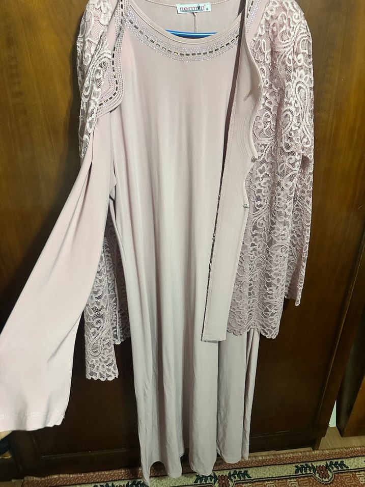 Toz pembe Nakışlı Uzun Kollu Dantel Detaylı Kadın Elbise - Görsel 3