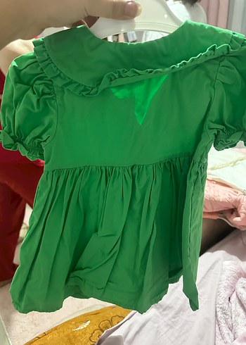 Kız Çocuk Yeşil Fırfırlı Keten Elbise - Görsel 2