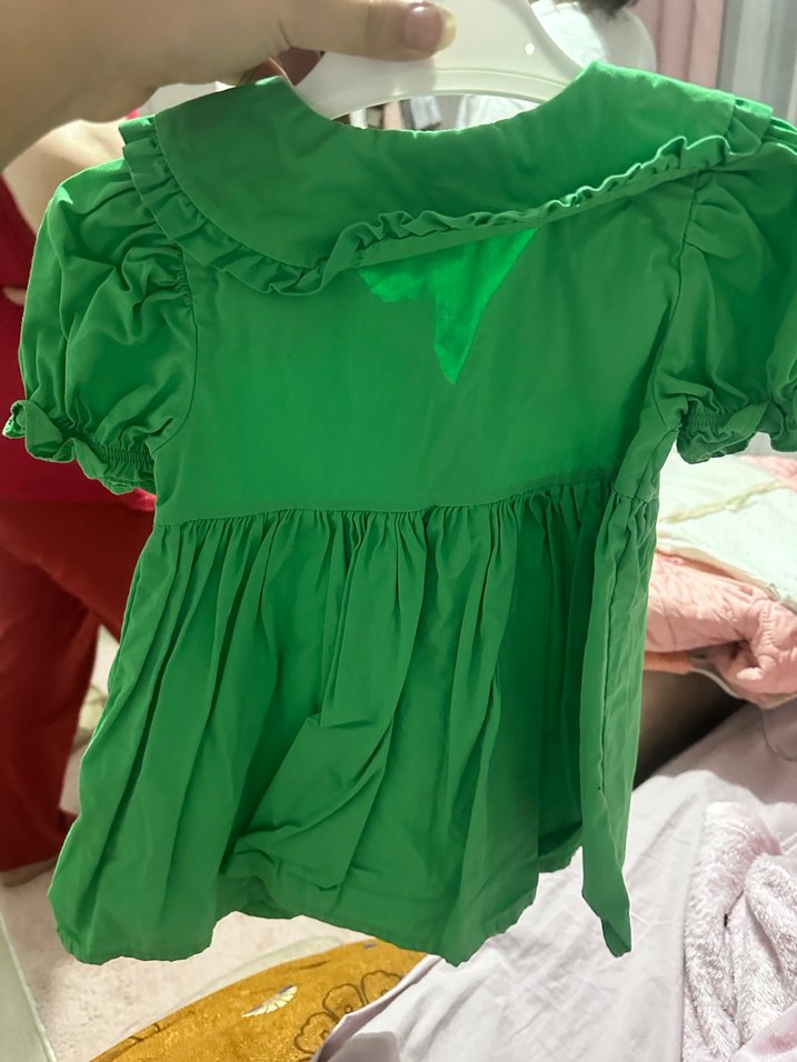 Kız Çocuk Yeşil Fırfırlı Keten Elbise - Görsel 2