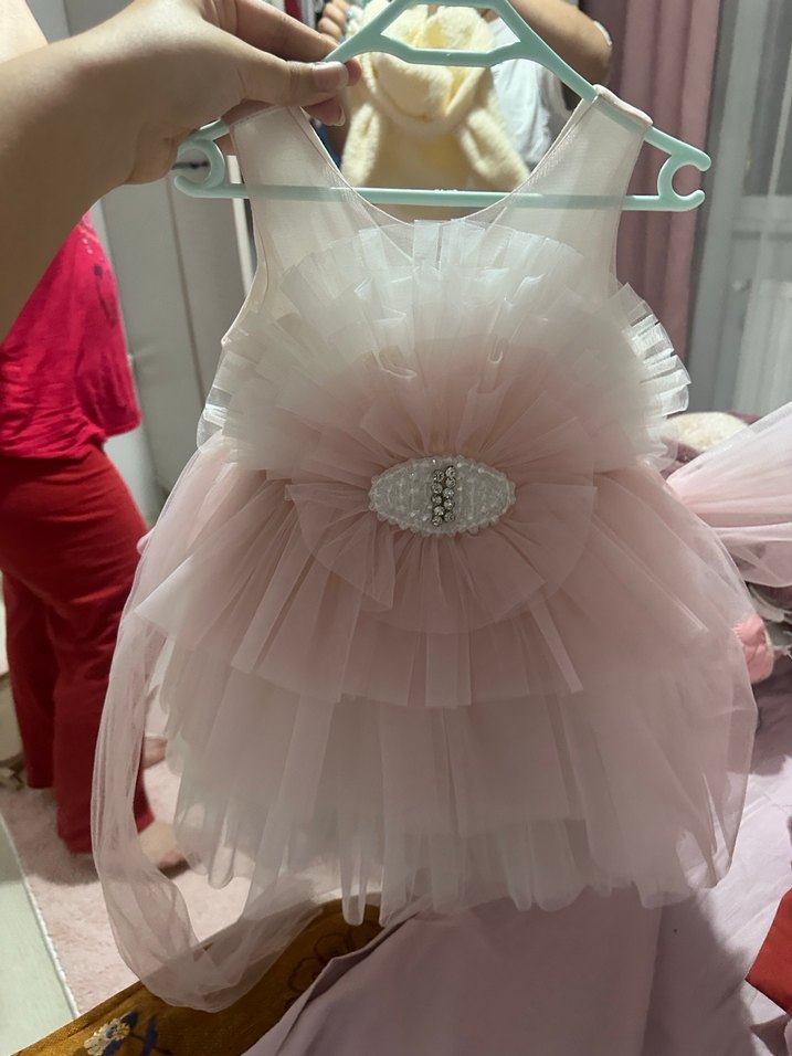 Kız Çocuk Pudra Renkli Fırfırlı Elbise - Görsel 2