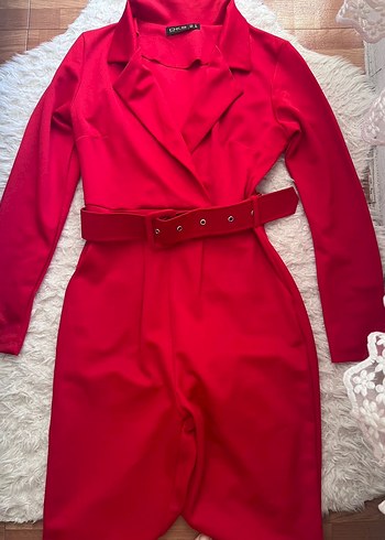 Kemerli Kırmızı Midi Kadın Tulum - Görsel 2