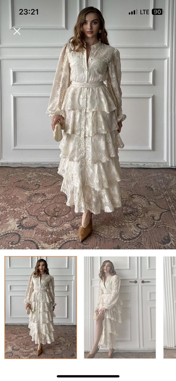 Nakışlı Beyaz Uzun Keten Elbise - Görsel 2