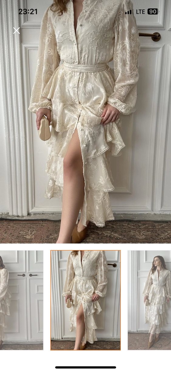 Nakışlı Beyaz Uzun Keten Elbise - Görsel 3