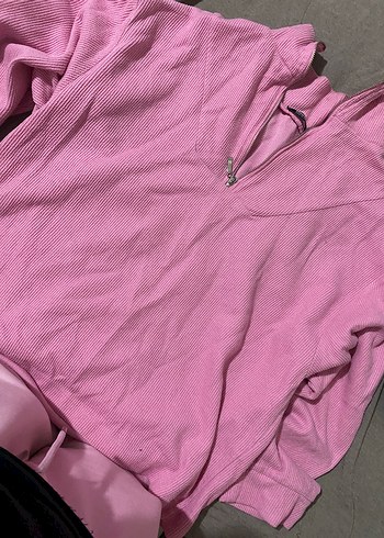 Pembe V Yaka Fermuarlı Kadın Sweatshirt