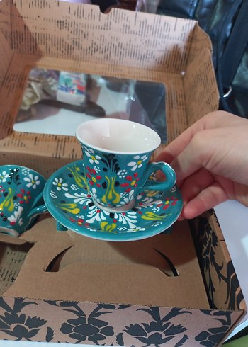 Turkuaz Renkli Desenli Seramik Fincan Seti - Görsel 3