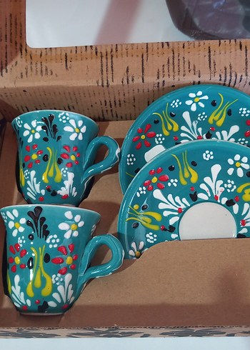 Turkuaz Renkli Desenli Seramik Fincan Seti - Görsel 2