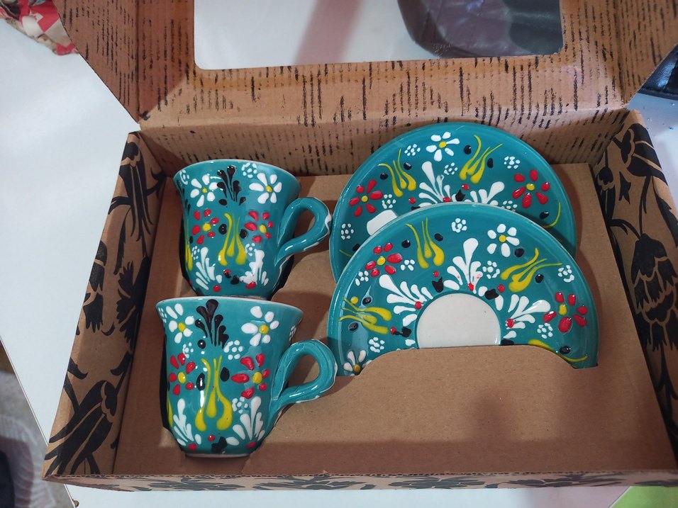 Turkuaz Renkli Desenli Seramik Fincan Seti - Görsel 2