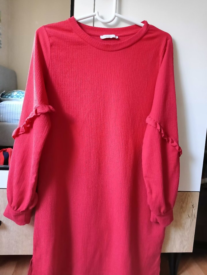 Kırmızı Kadın Uzun Kollu Tunik Elbise - Görsel 3