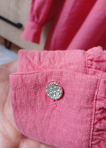 Kız Çocuk Pembe Keten Düğmeli Gömlek - Görsel 2