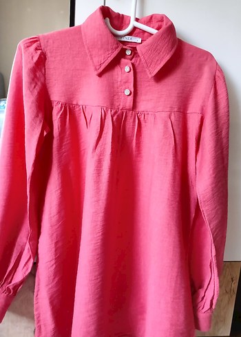 Kız Çocuk Pembe Keten Düğmeli Gömlek - Görsel 4