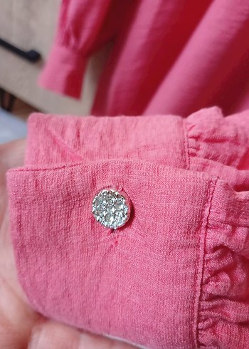 Kız Çocuk Pembe Keten Düğmeli Gömlek - Görsel 5