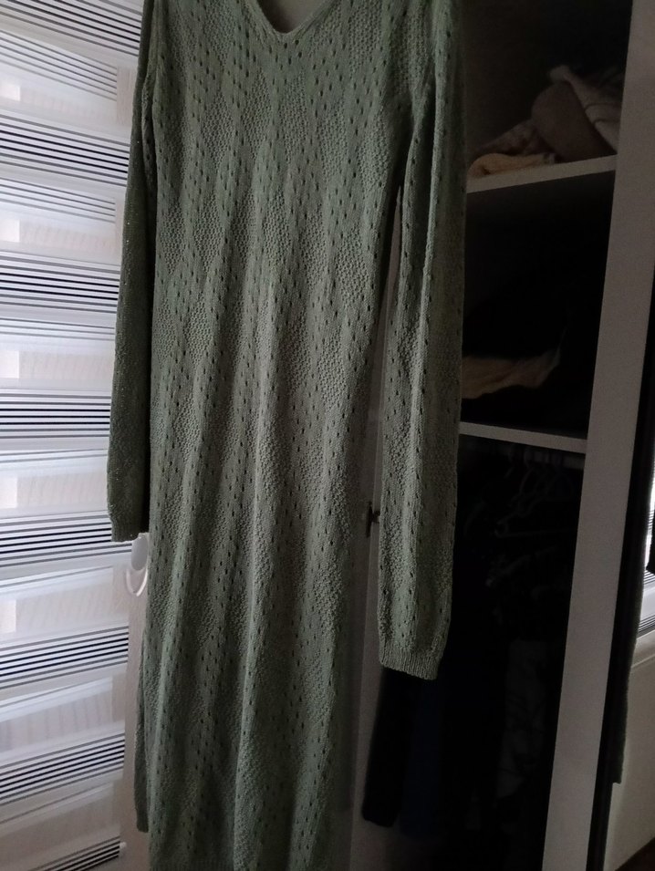 Gri Bohem Uzun Kollu Örgü Elbise - Görsel 4