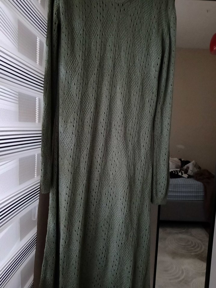 Gri Bohem Uzun Kollu Örgü Elbise - Görsel 2