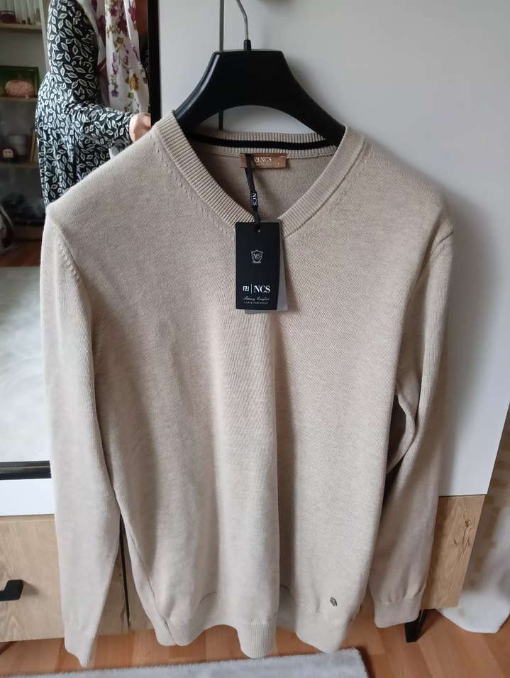 Bej Erkek Yün Kazak, Bisiklet Yaka, Rahat Kesim - Görsel 4