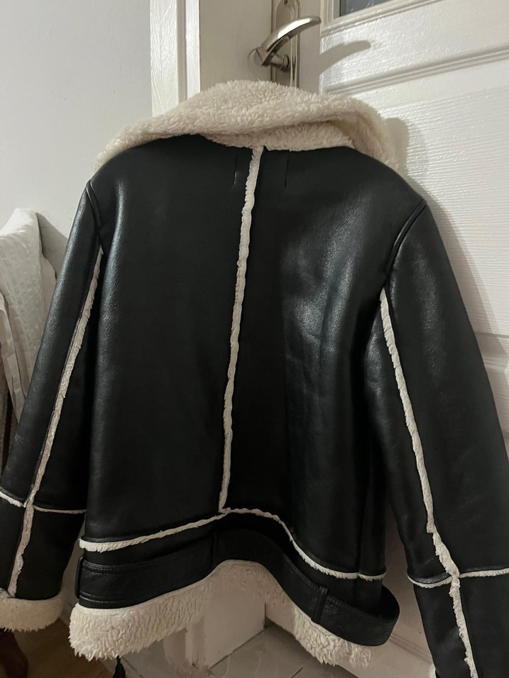 Kürklü Siyah Deri Kadın Kışlık Ceket - Görsel 3