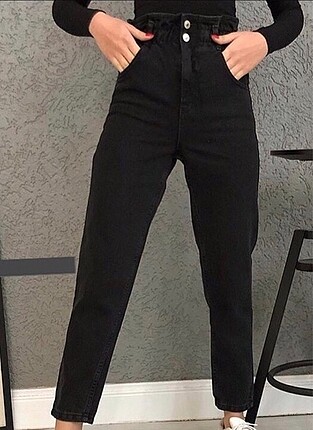 Beli lastikti çift düğme füme mom jean