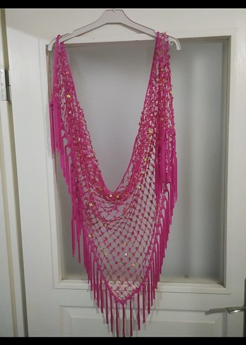 Pembe Dantel Detaylı Örgü Bohem Şal