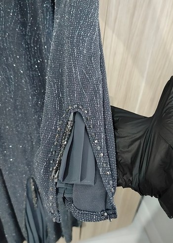 48 Beden gri Renk Gri Pilili Uzun Kollu Kadın Tesettür Elbise