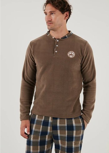 Düğmeli Kahverengi Erkek Pijama Takımı - Görsel 3