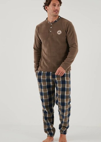 Düğmeli Kahverengi Erkek Pijama Takımı - Görsel 2