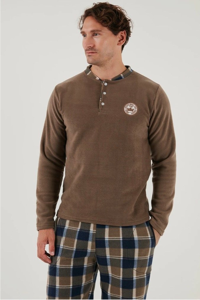 Düğmeli Kahverengi Erkek Pijama Takımı - Görsel 3