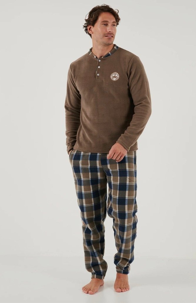Düğmeli Kahverengi Erkek Pijama Takımı - Görsel 2