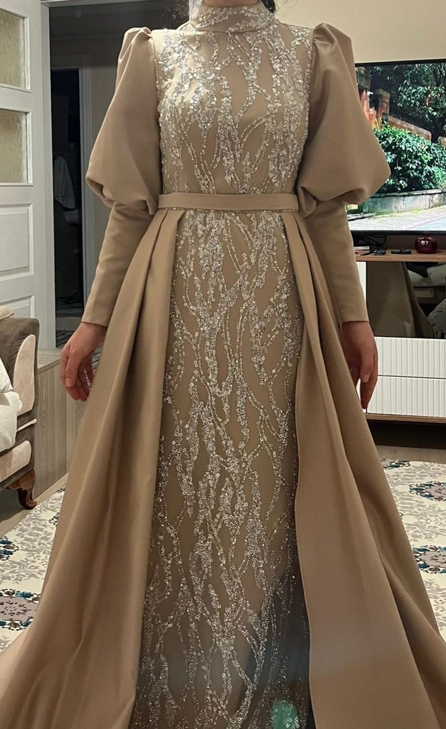 Bej İşlemeli Uzun Abiye Elbise 3 metre sal ile verilecektir - Görsel 2