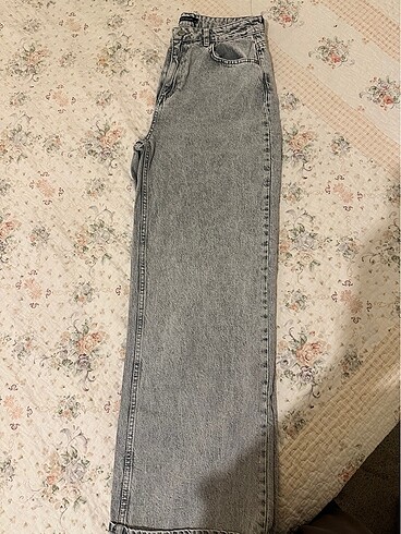 Gri yıkama efektli yüksek bel wide leg jeans