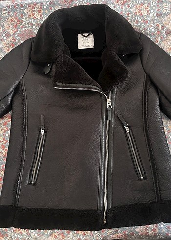 Kürklü Siyah Deri Biker Ceket - Görsel 2