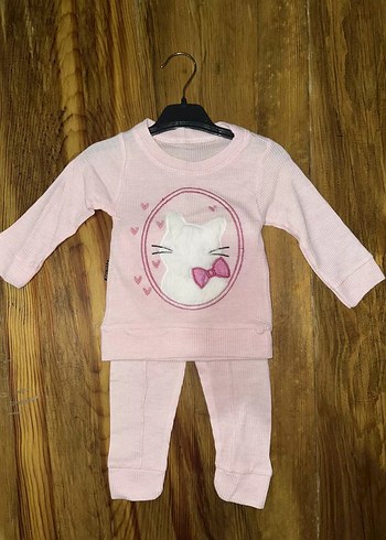 3-12 aylık kedi desen işlemeli takım pembe