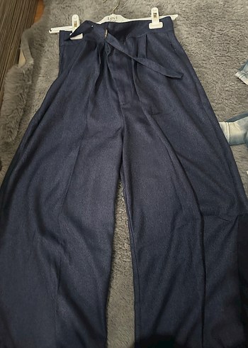 Kadın Lacivert Keten Kemerli Pantolon - Görsel 4