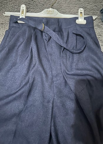 Kadın Lacivert Keten Kemerli Pantolon - Görsel 3